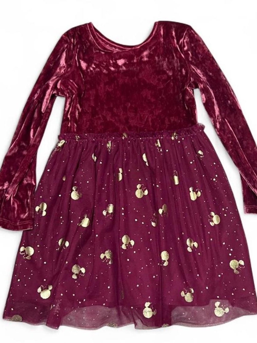 Minnie Mouse Disney Girl’s 5T burgundy red velvet and gold long sleeve dress